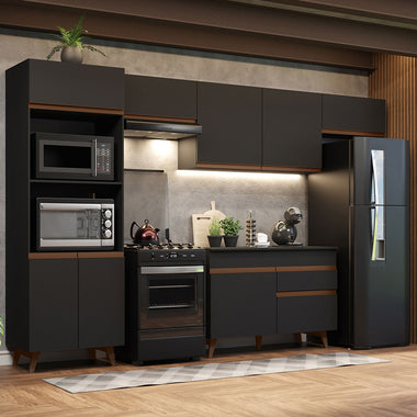 Combo Completo de Cocina 330 cm 9 Puertas 1 Cajón con Mueble para Horno y Microondas Negro Reims Madesa