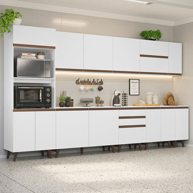 Combo Completo de Cocina 355 cm 14 Puertas 3 Cajones con Mueble para Horno y Microondas Blanco Reims Madesa