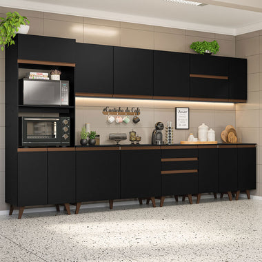 Combo Completo de Cocina 355 cm 14 Puertas 3 Cajones con Mueble para Horno y Microondas Negro Reims Madesa
