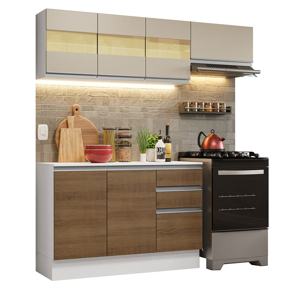 Cocina Compacta Smart 100% MDF 180 cm 7 Puertas 2 Cajones (Con Mesada) Blanco/Marrón/Crema Madesa