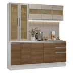 Cocina Compacta 180 cm 10 Puertas 2 Cajones 100% MDF con Cristalero Blanco/Marrón/Crema Smart Madesa
