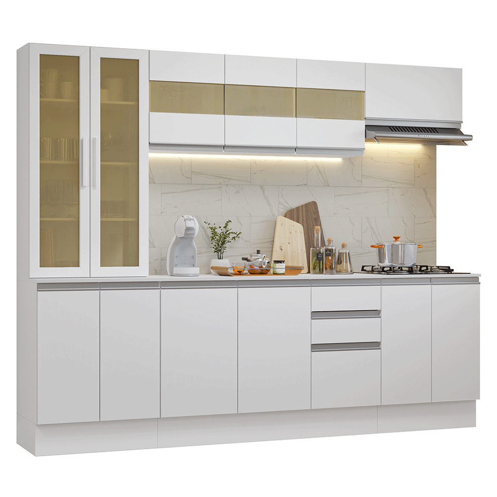 Combo Completo de Cocina 240 cm 13 Puertas 2 Cajones 100% MDF con Cristalero Blanco Smart Madesa