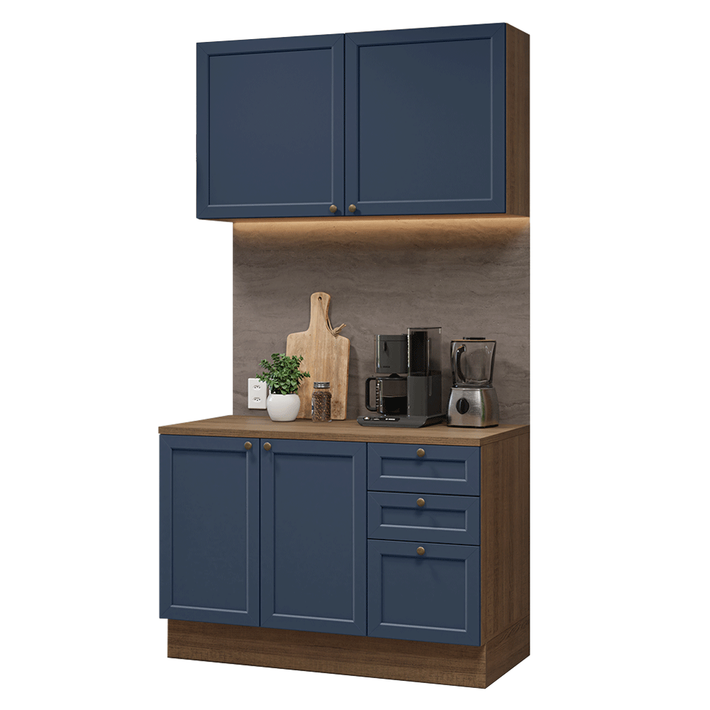 Cocina Compacta 120 cm 4 Puertas 3 Cajones Marrón/Azul Vik Madesa