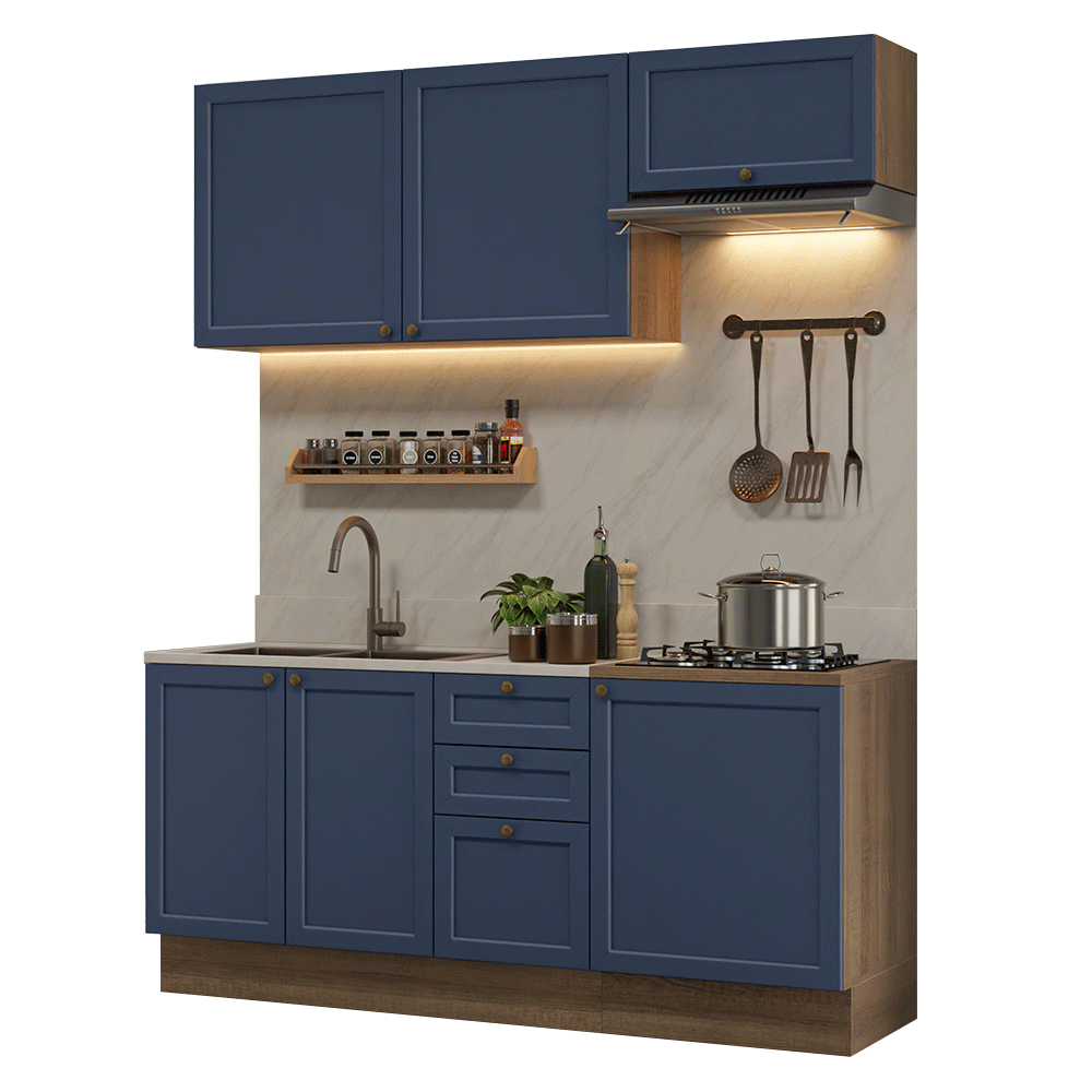 Cocina Compacta 180 cm 6 Puertas 3 Cajones Sin Mesada Marrón/Azul Vik Madesa