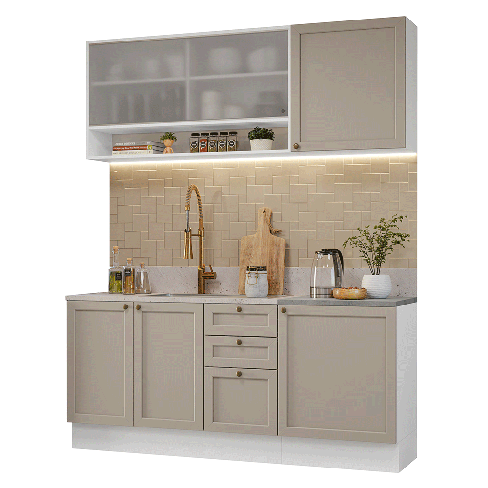 Cocina Compacta 180 cm 6 Puertas 3 Cajones Sin Mesada Blanco/Crema Vik Madesa 03
