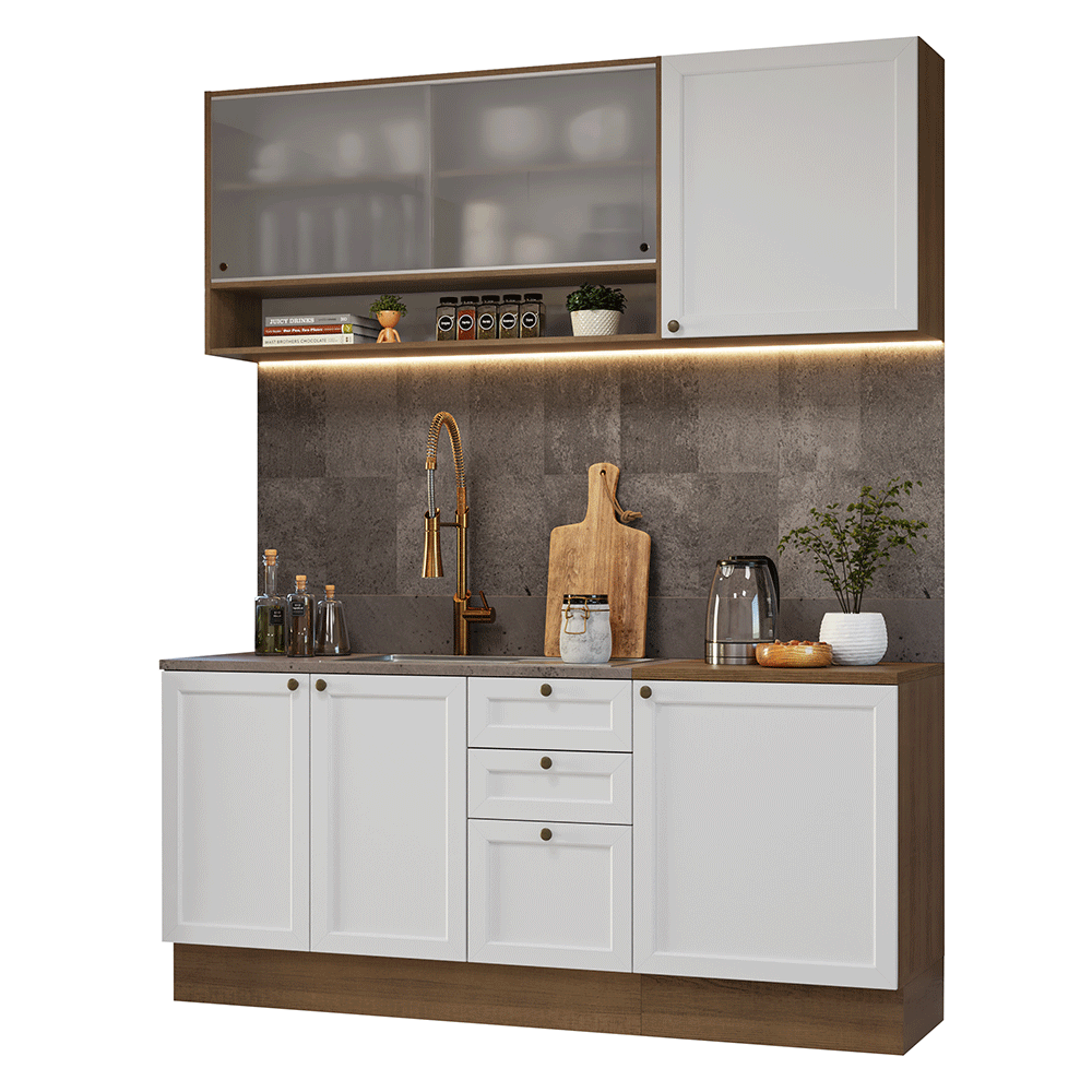 Cocina Compacta 180 cm 6 Puertas 3 Cajones Sin Mesada Marrón/Blanco Vik Madesa 03