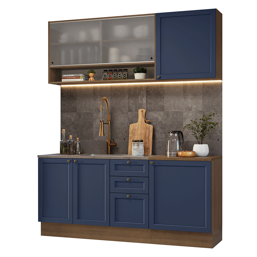 Cocina Compacta 180 cm 6 Puertas 3 Cajones Sin Mesada Marrón/Azul Vik Madesa 03