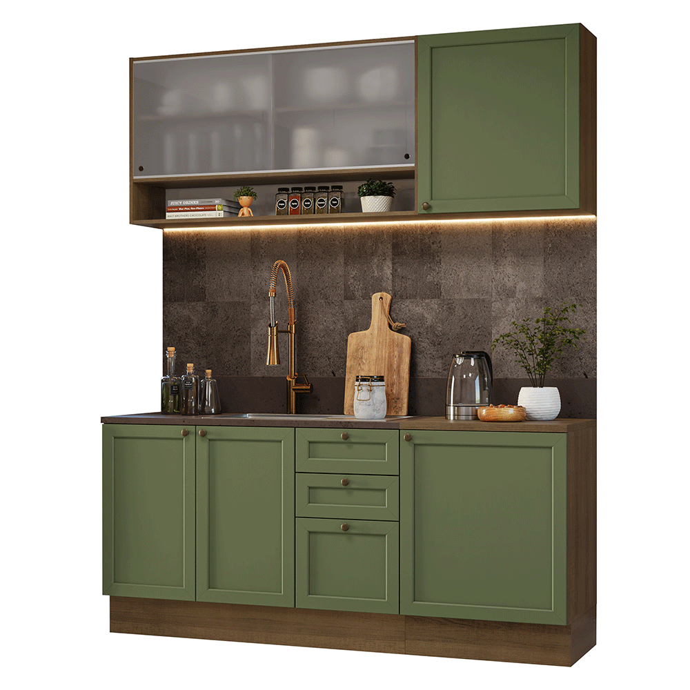 Cocina Compacta 180 cm 6 Puertas 3 Cajones Sin Mesada Marrón/Verde Vik Madesa 03