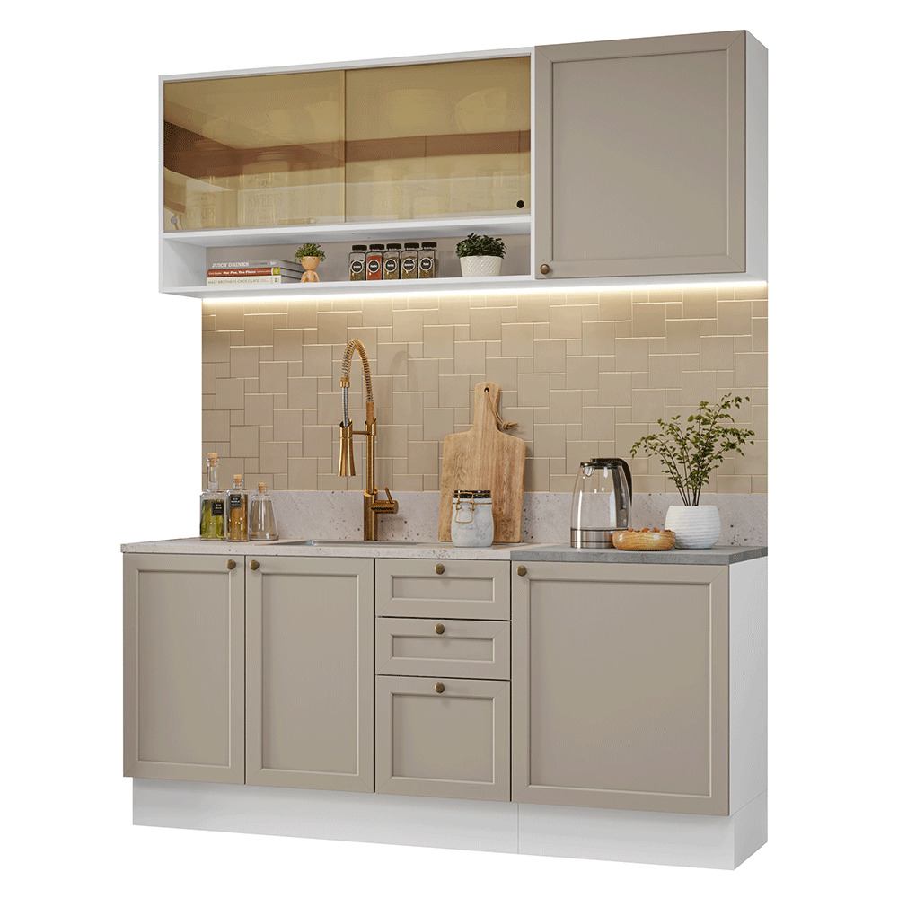Cocina Compacta 180 cm 6 Puertas 3 Cajones Sin Mesada Blanco/Crema Vik Madesa 04