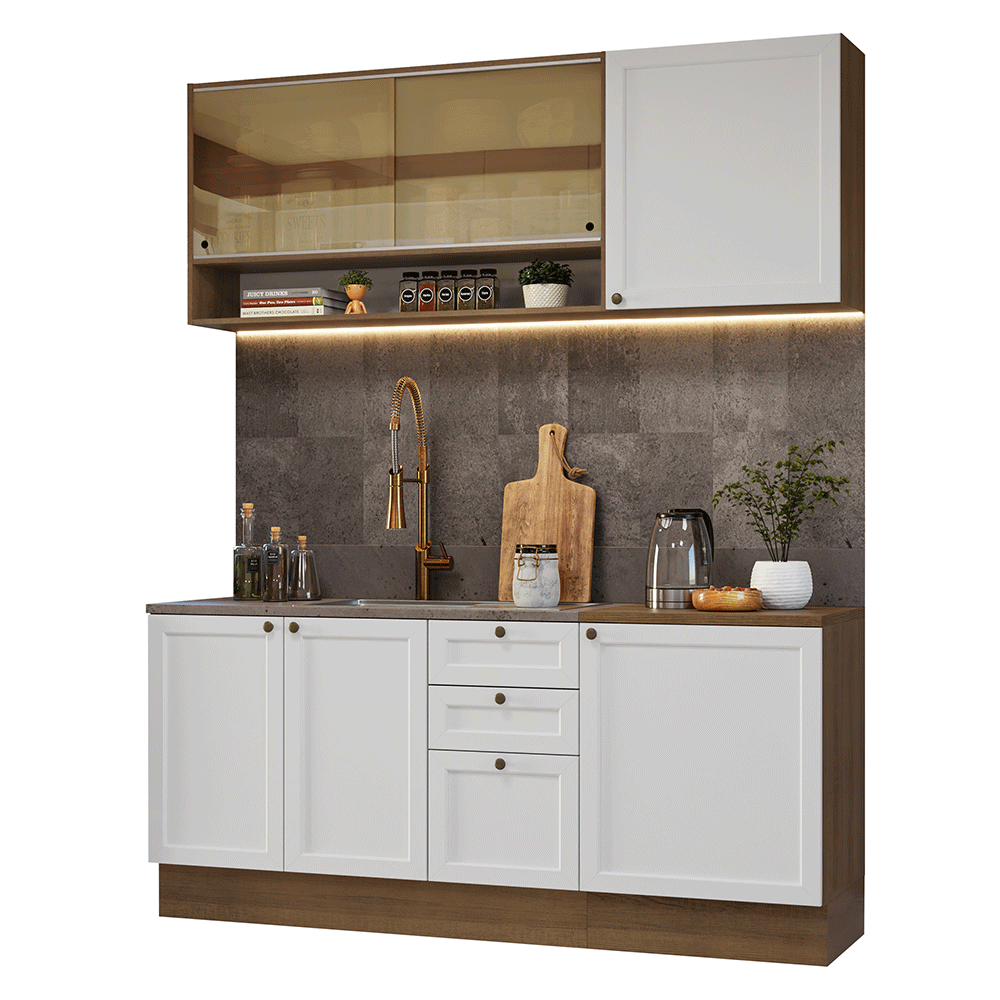 Cocina Compacta 180 cm 6 Puertas 3 Cajones Sin Mesada Marrón/Blanco Vik Madesa 04