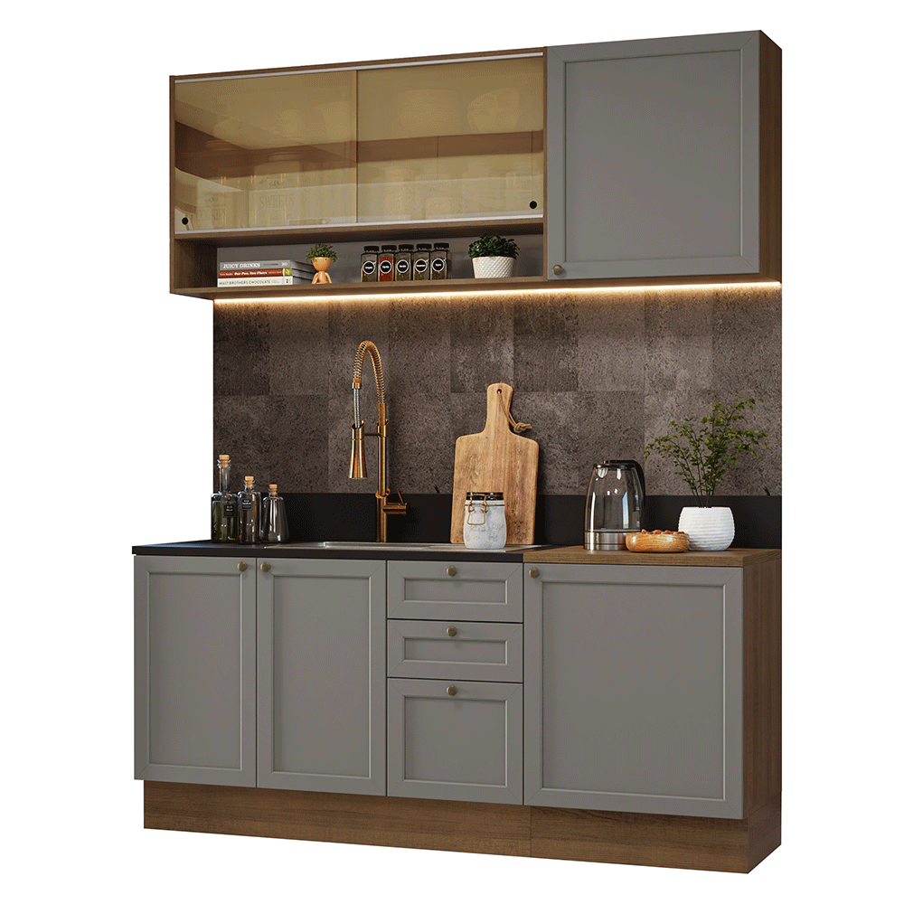 Cocina Compacta 180 cm 6 Puertas 3 Cajones Sin Mesada Marrón/Gris Vik Madesa 04