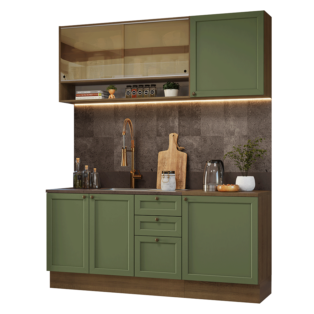 Cocina Compacta 180 cm 6 Puertas 3 Cajones Sin Mesada Marrón/Verde Vik Madesa 04