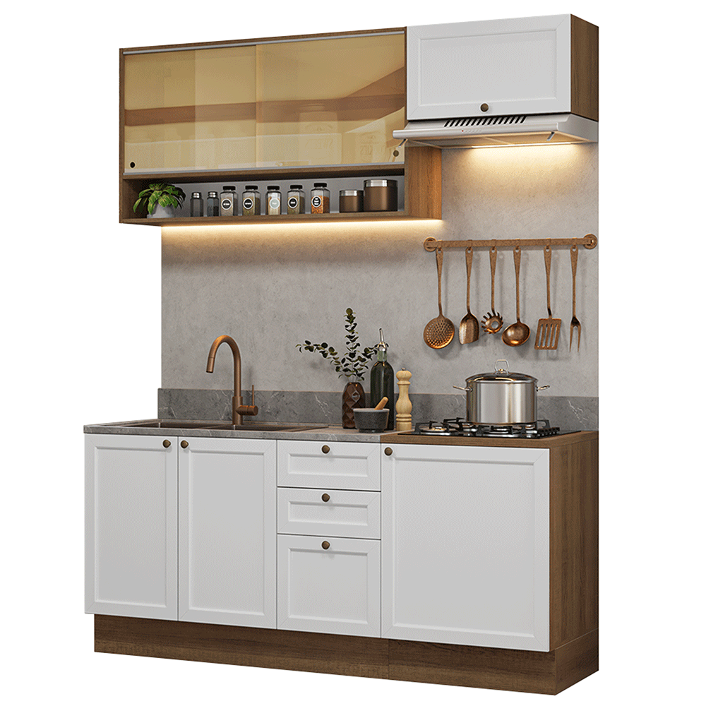 Cocina Compacta 180 cm 6 Puertas 3 Cajones Sin Mesada Marrón/Blanco Vik Madesa 05