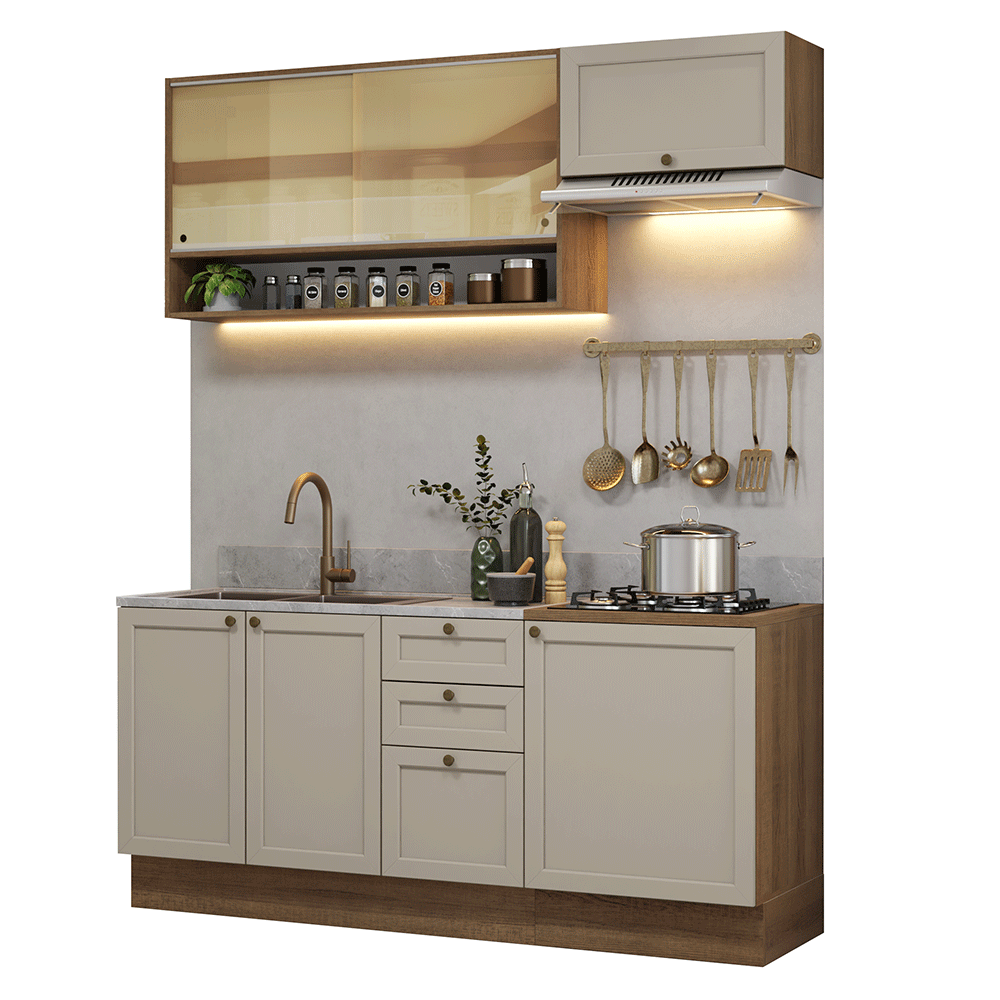 Cocina Compacta 180 cm 6 Puertas 3 Cajones Sin Mesada Marrón/Crema Vik Madesa 05