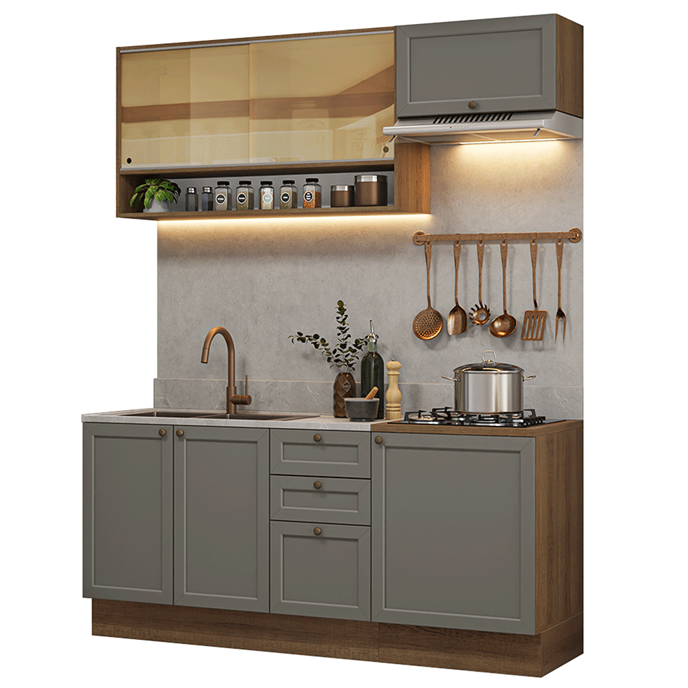 Cocina Compacta 180 cm 6 Puertas 3 Cajones Sin Mesada Marrón/Gris Vik Madesa 05