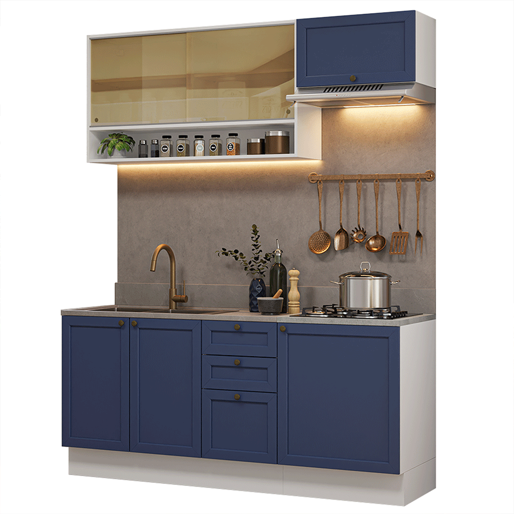 Cocina Compacta 180 cm 6 Puertas 3 Cajones Sin Mesada Blanco/Azul Vik Madesa 05