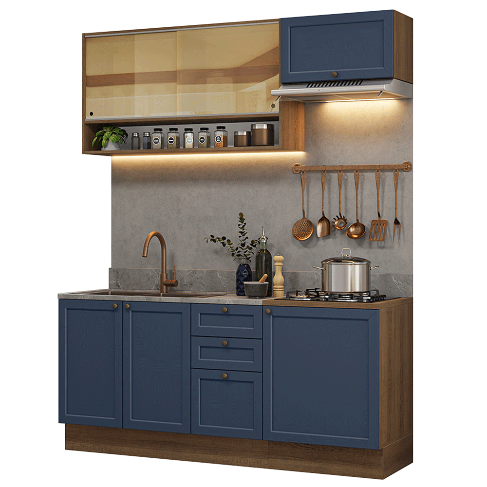 Cocina Compacta 180 cm 6 Puertas 3 Cajones Sin Mesada Marrón/Azul Vik Madesa 05