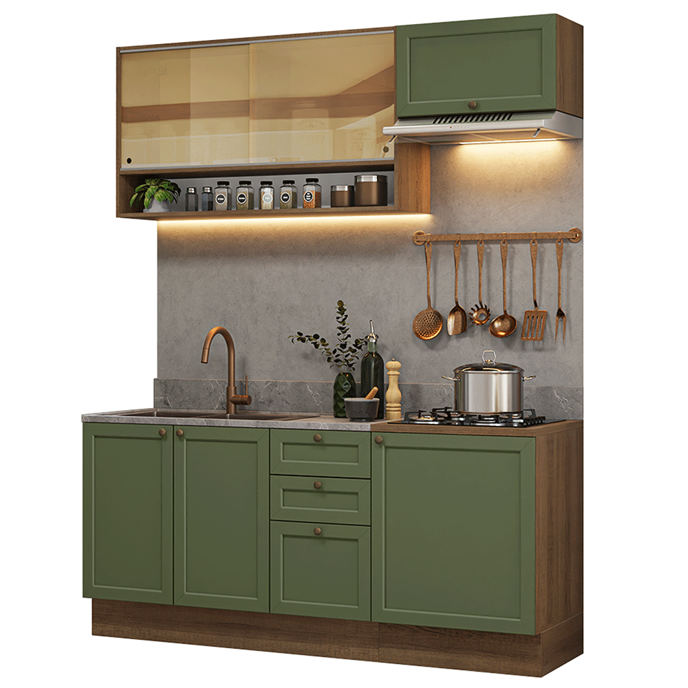 Cocina Compacta 180 cm 6 Puertas 3 Cajones Sin Mesada Marrón/Verde Vik Madesa 05