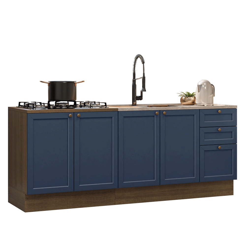 Kit 2 Bajo Mesadas con 3 Cajones 4 Puertas (Sin Mesada) Vik Marrón/Azul 01