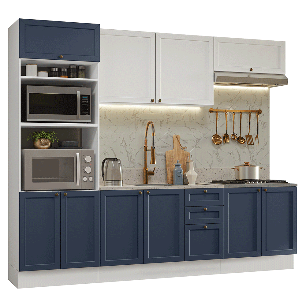 Combo completo de Cocina 270 cm 10 Puertas 3 Cajones Sin Mesada Blanco/Azul/Blanco Vik Madesa