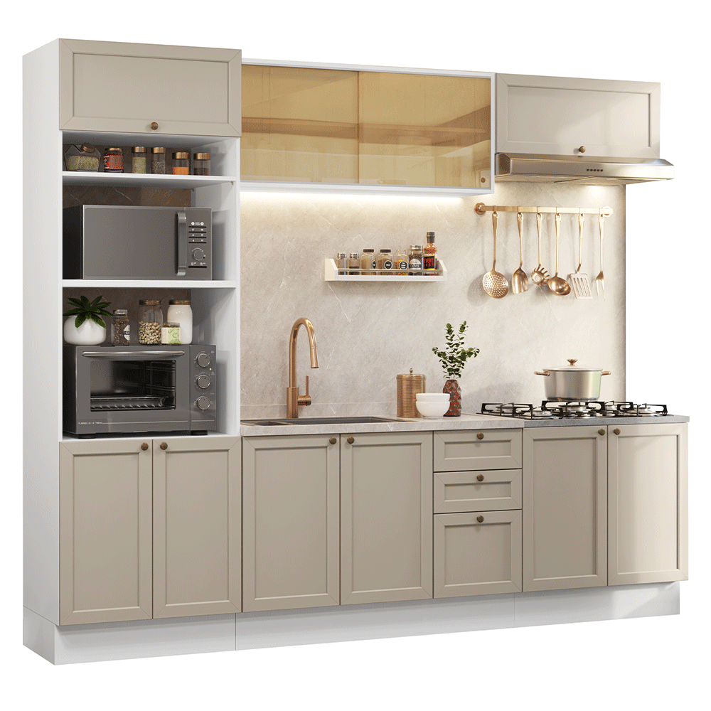 Combo completo de Cocina 270 cm 10 Puertas 3 Cajones Sin Mesada Blanco/Crema Vik Madesa 02