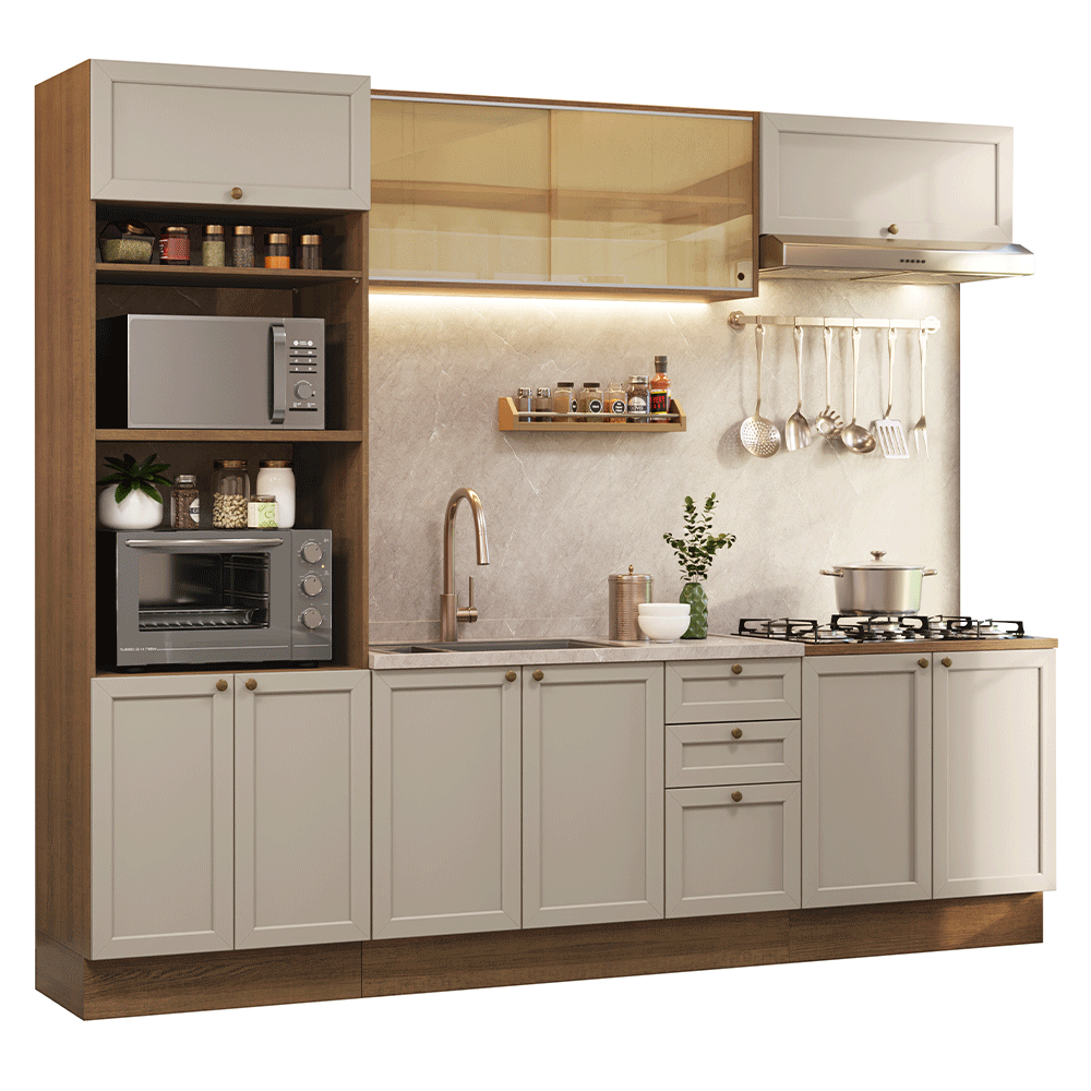 Combo completo de Cocina 270 cm 10 Puertas 3 Cajones Sin Mesada Marrón/Crema Vik Madesa 02