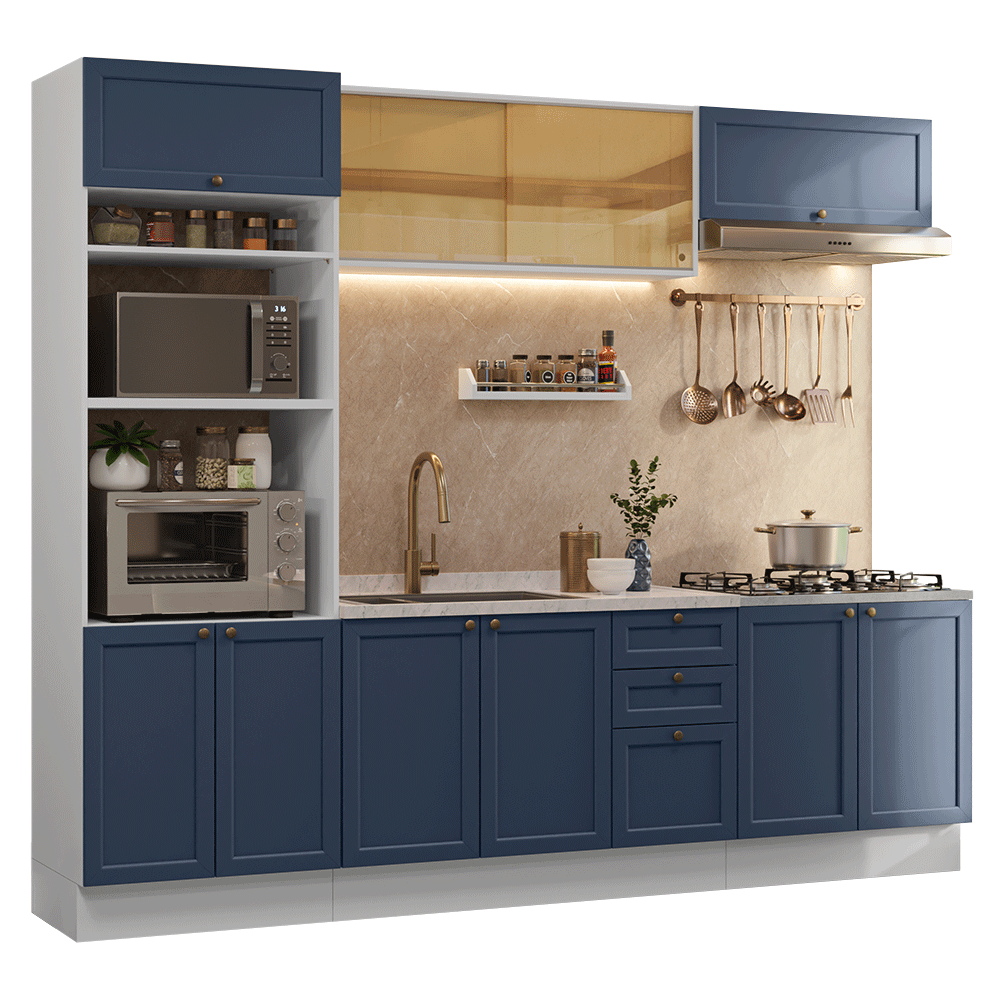 Combo completo de Cocina 270 cm 10 Puertas 3 Cajones Sin Mesada Blanco/Azul Vik Madesa 02