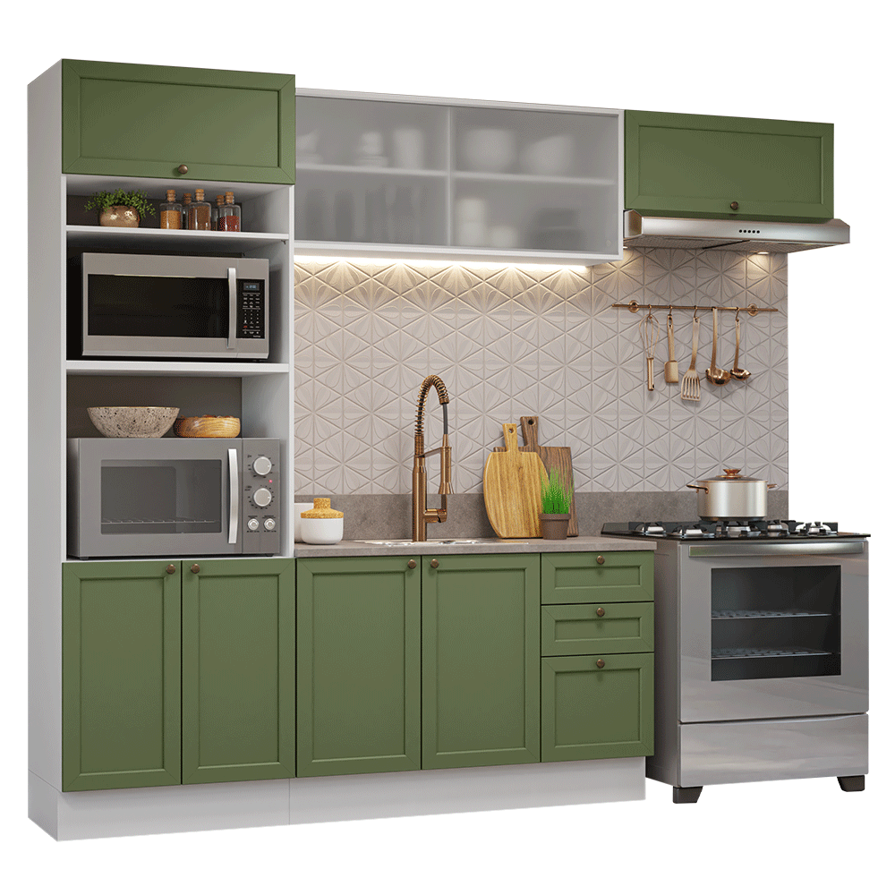 Combo completo de Cocina 270 cm 8 Puertas 3 Cajones Sin Mesada Blanco/Verde Vik Madesa 03