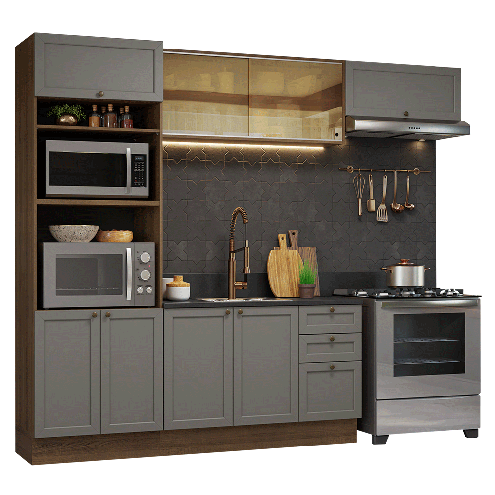 Combo completo de Cocina 270 cm 8 Puertas 3 Cajones Sin Mesada Marrón/Gris Vik Madesa 04