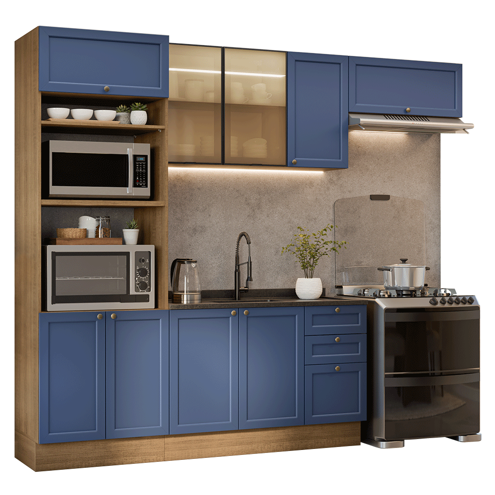 Combo Completo de Cocina 270 cm 9 Puertas 3 Cajones Marrón/Azul Vik Madesa