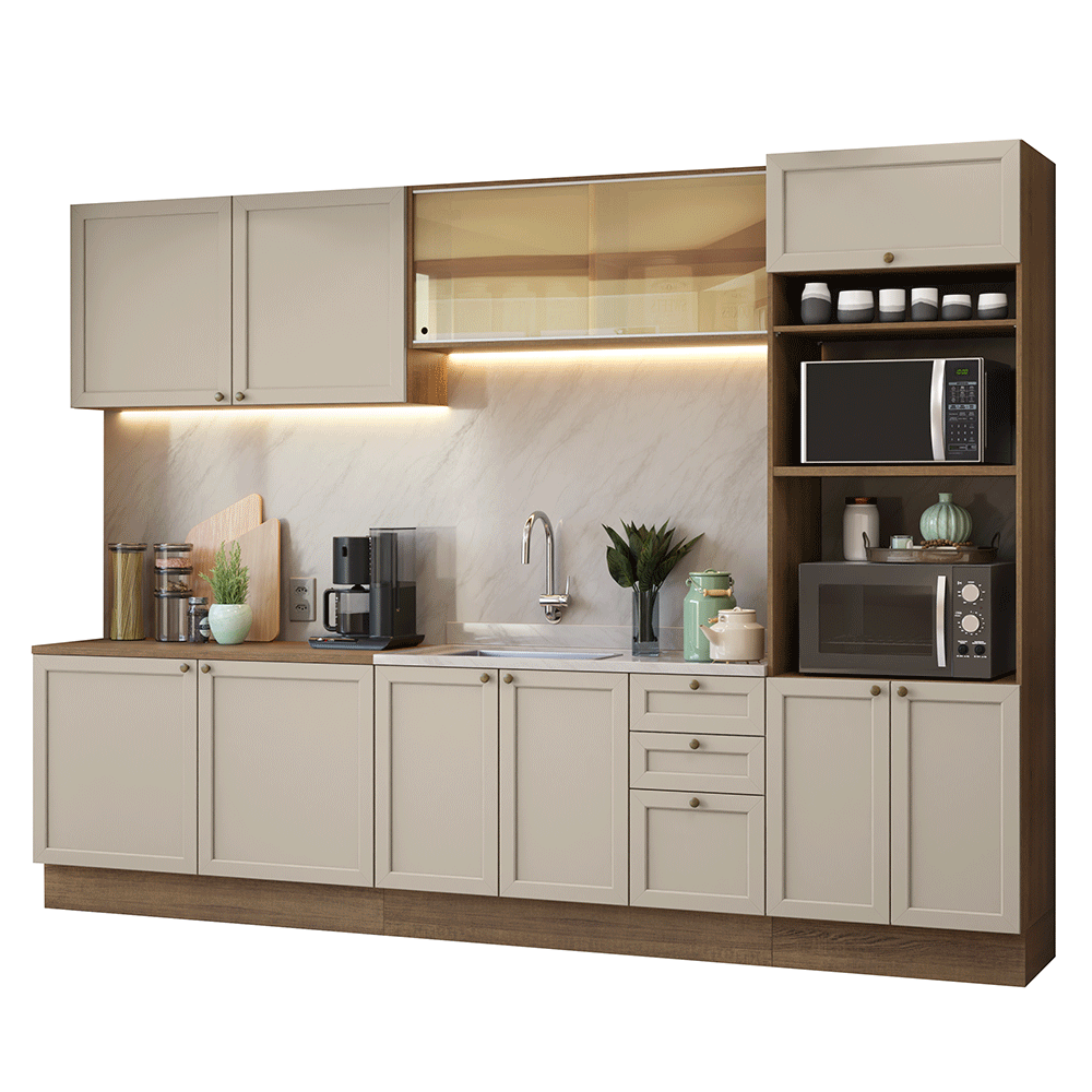 Combo completo de Cocina 310 cm 11 Puertas 3 Cajones Sin Mesada Marrón/Crema Vik Madesa