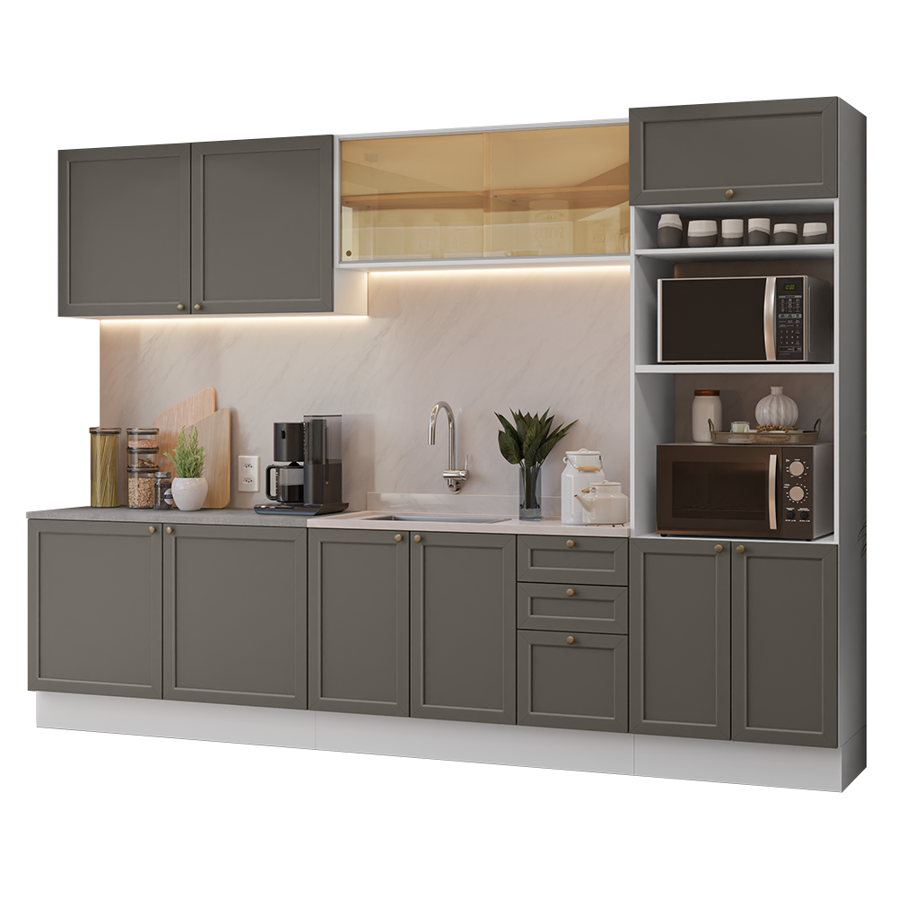 Combo completo de Cocina 310 cm 11 Puertas 3 Cajones Sin Mesada Blanco/Gris Vik Madesa