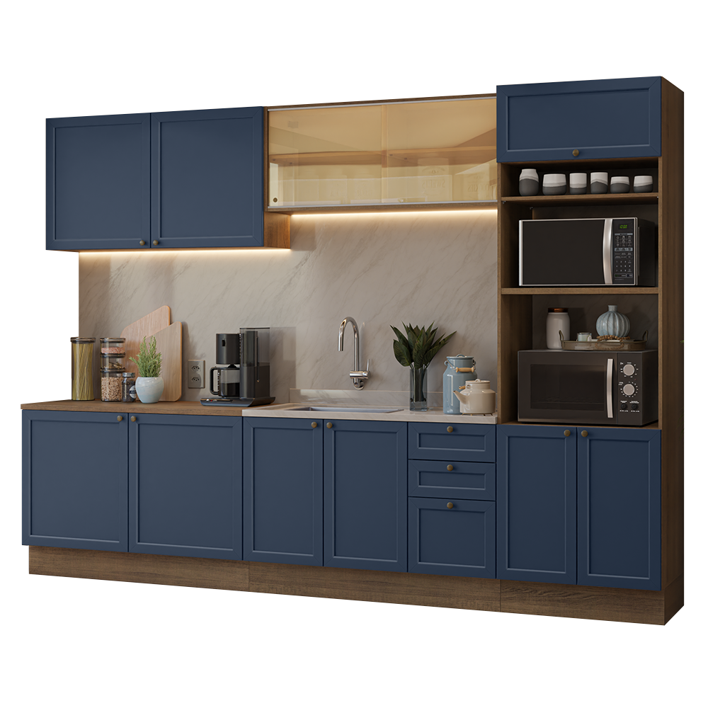 Combo completo de Cocina 310 cm 11 Puertas 3 Cajones Sin Mesada Marrón/Azul Vik Madesa