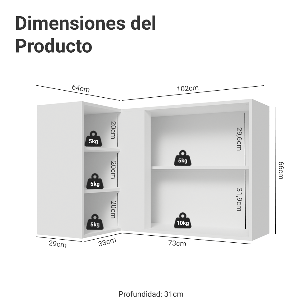 Alacena esquinera para dormitorio 1 Puerta y 3 Nichos Blanco Neo