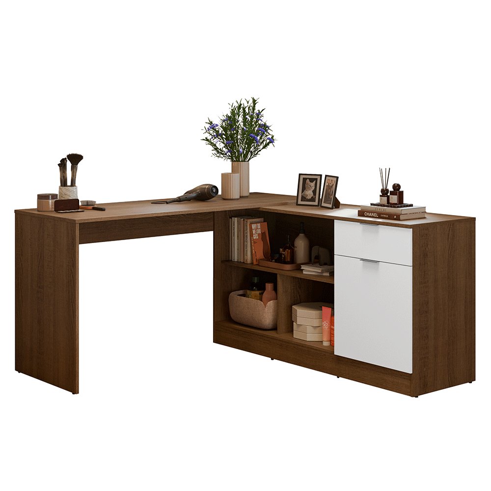 Tocador Esquinero para Maquillaje o Escritorio 300 cm Marrón/Blanco Madesa