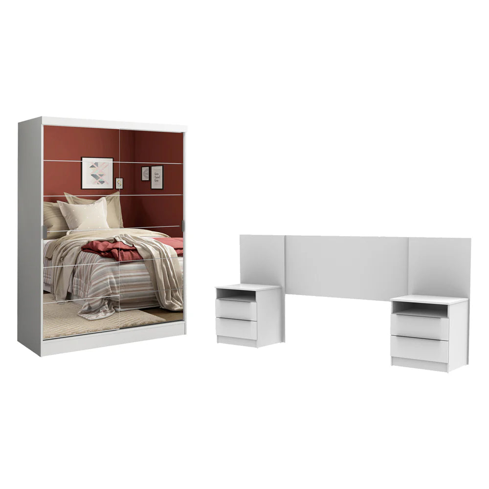 Habitación Completa con Placard Luke 2 Purtas de Espejo y Respaldo de cama con 2 Mesas de Luz Madesa Blanco