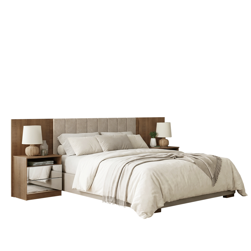 Respaldo de Cama Extensible Tapizado con 2 Mesas de Luz Espejadas Marrón/Imperial Madesa