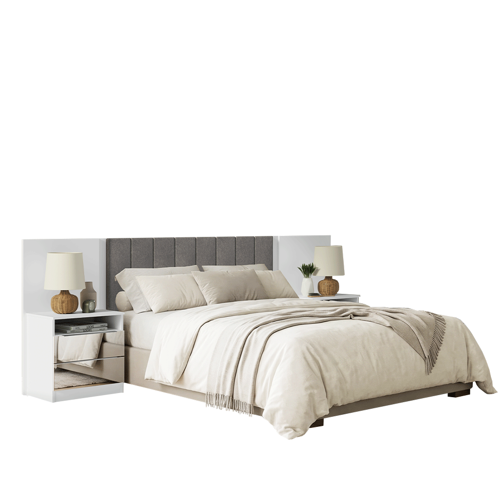 Respaldo de Cama Extensible Tapizado con 2 Mesas de Luz Espejadas Blanco/Silver Madesa