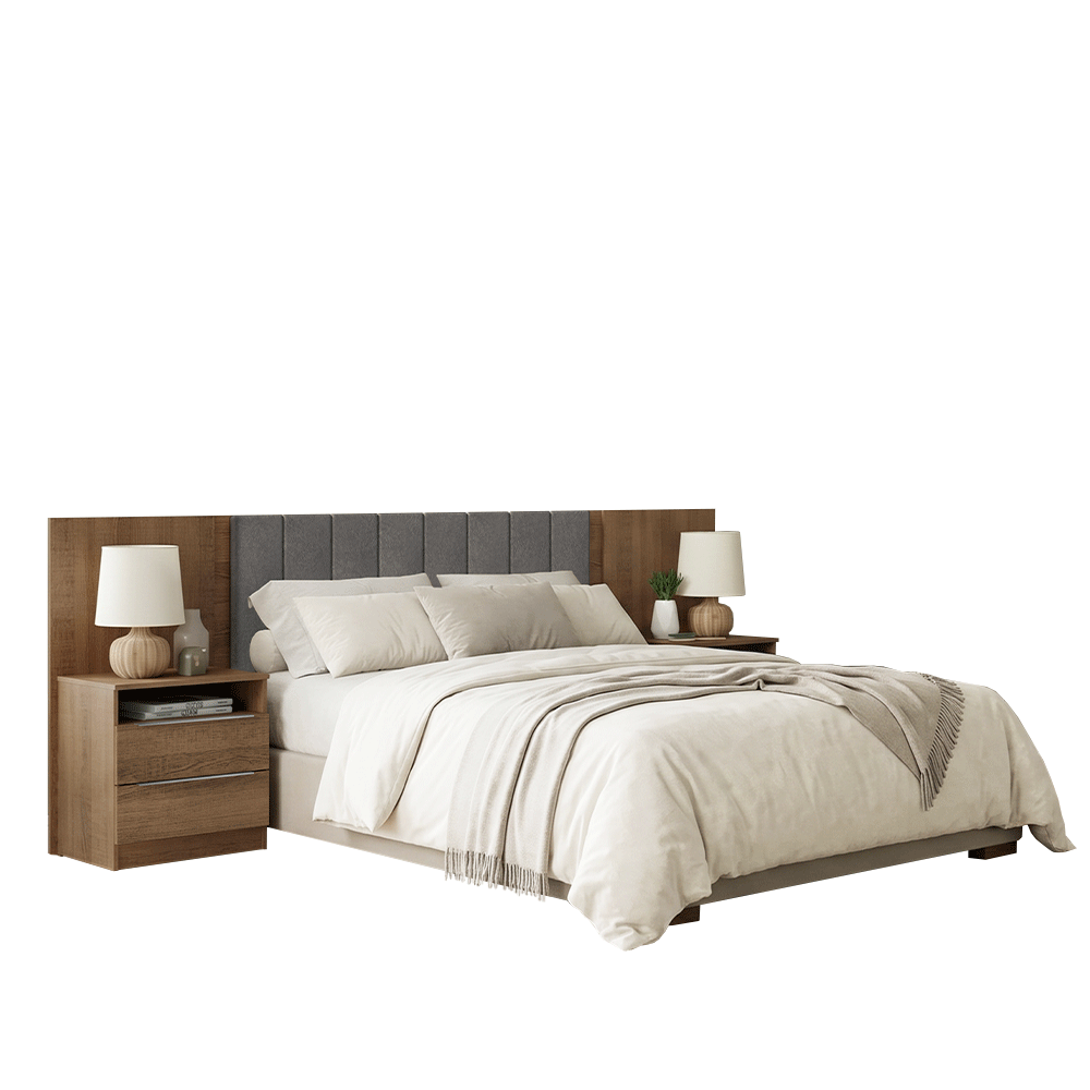 Respaldo de Cama Extensible Tapizado con 2 Mesas de Luz Marrón/Silver Madesa