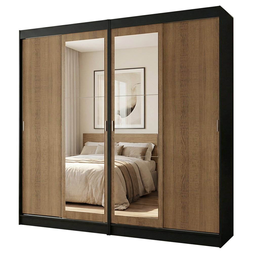Conjunto 2 Placares 4 Puertas Corredizas con 2 Espejos Negro/Marrón Tokio Madesa