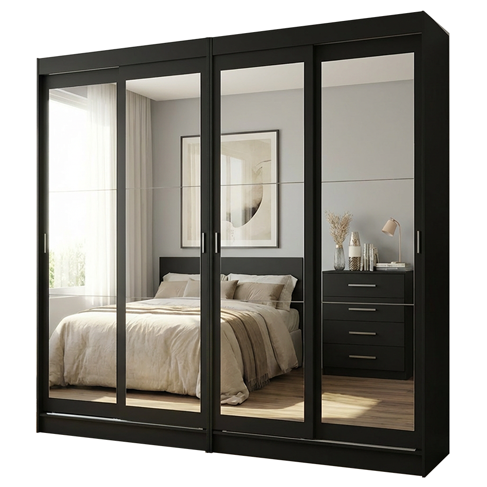 Conjunto 2 Placares 4 Puertas Corredizas con 4 Espejos Negro Tokio Madesa