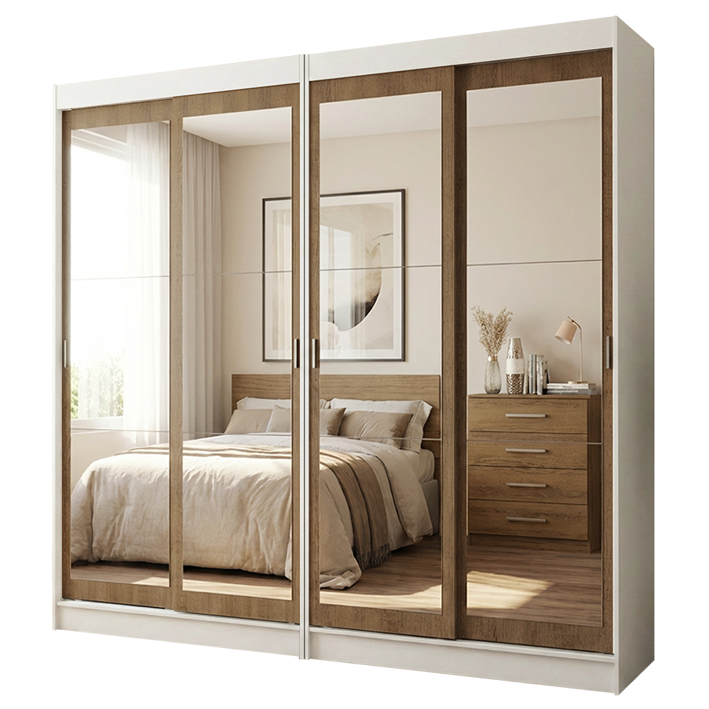 Conjunto 2 Placares 4 Puertas Corredizas con 4 Espejos Blanco/Marrón Tokio Madesa