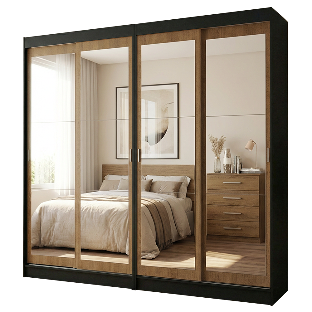 Conjunto 2 Placares 4 Puertas Corredizas con 4 Espejos Negro/Marrón Tokio Madesa