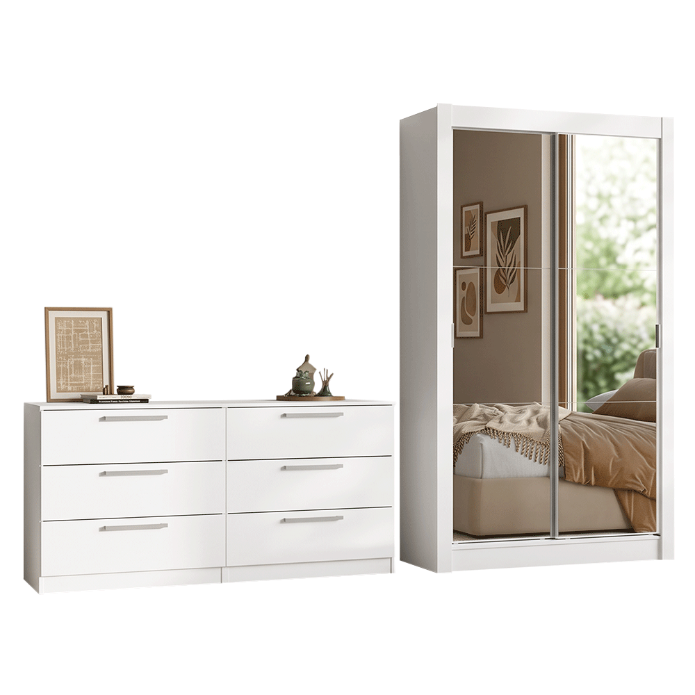 Kit Dormitorio Individual 2 Puertas Corredizas con 2 Espejos y Chifonier 6 Cajones Blanco Madesa