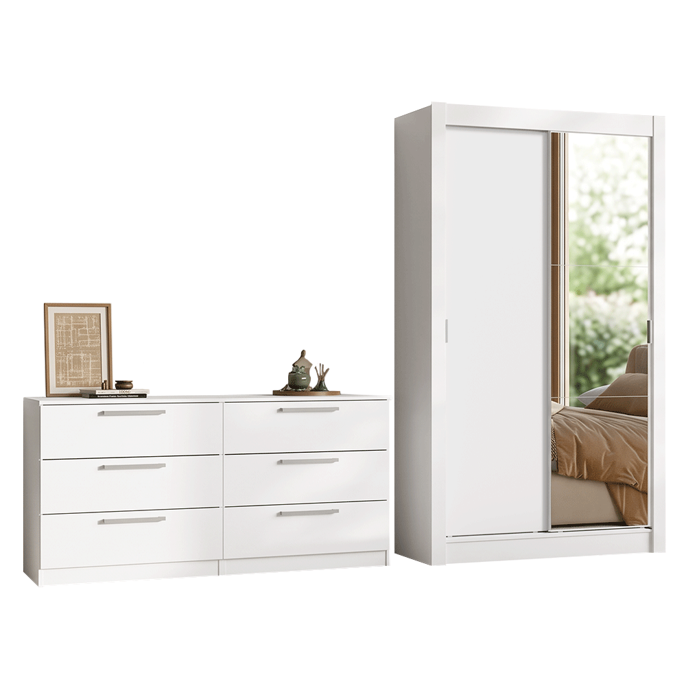 Kit Dormitorio Individual 2 Puertas Corredizas con 1 Espejo y Chifonier 6 Cajones Blanco Madesa