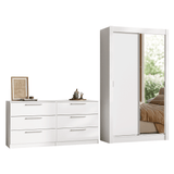 Kit Dormitorio Individual 2 Puertas Corredizas con 1 Espejo y Chifonier 6 Cajones Blanco Madesa