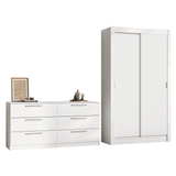 Kit Dormitorio Individual 2 Puertas Corredizas y Chifonier 6 Cajones Blanco Madesa