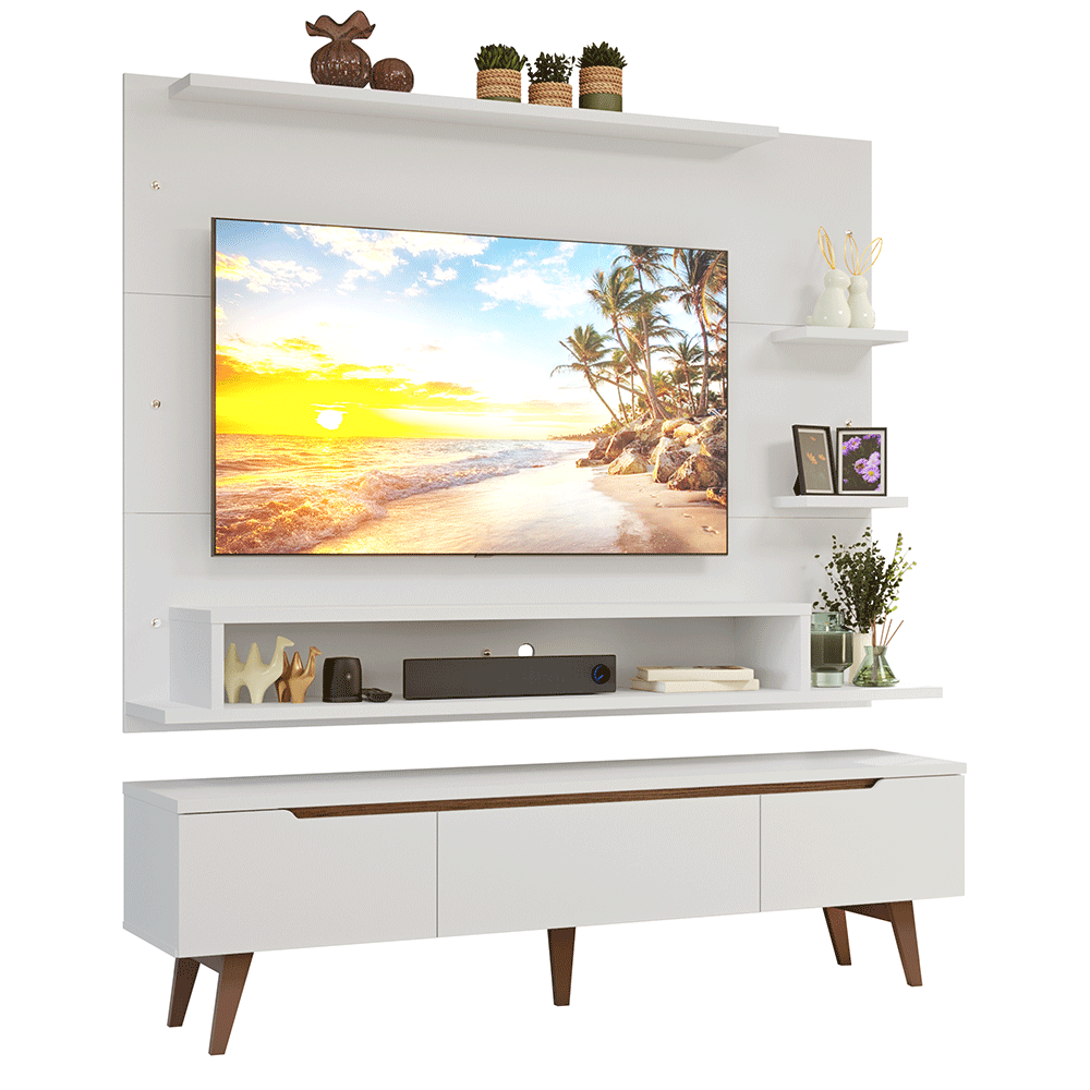 Rack con Panel para TV hasta 60 Pulgadas 180 cm con Patas Blanco/Marrón Reims Madesa