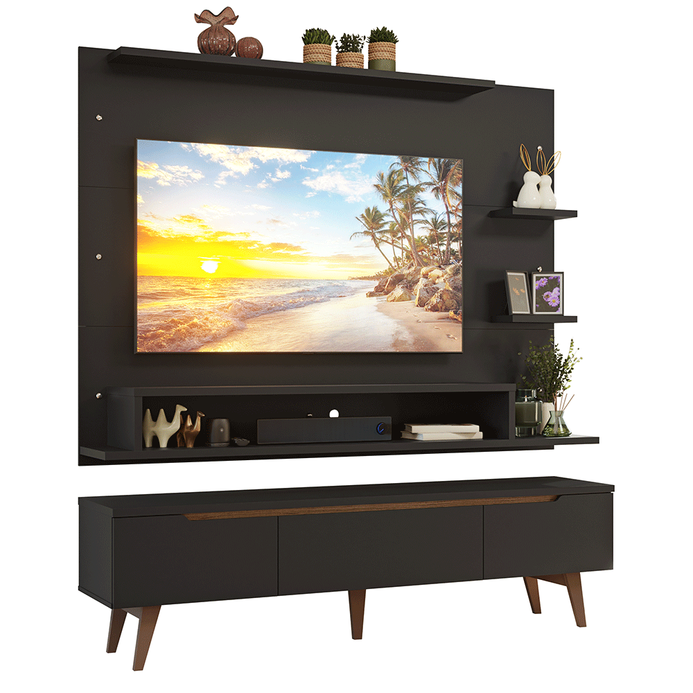 Rack con Panel para TV hasta 60 Pulgadas 180 cm con Patas Negro/Marrón Reims Madesa