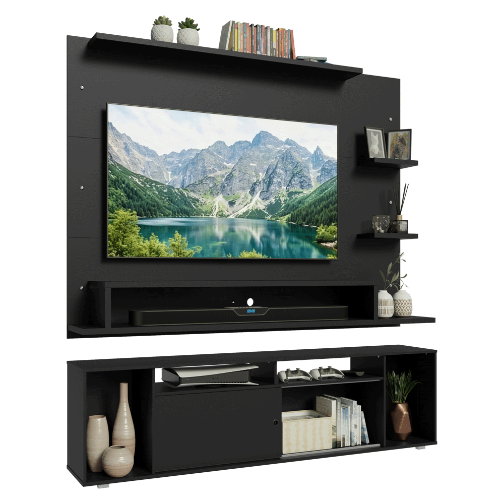 Rack con Panel para TV hasta 60 Pulgadas 180 cm Negro Cancun Madesa